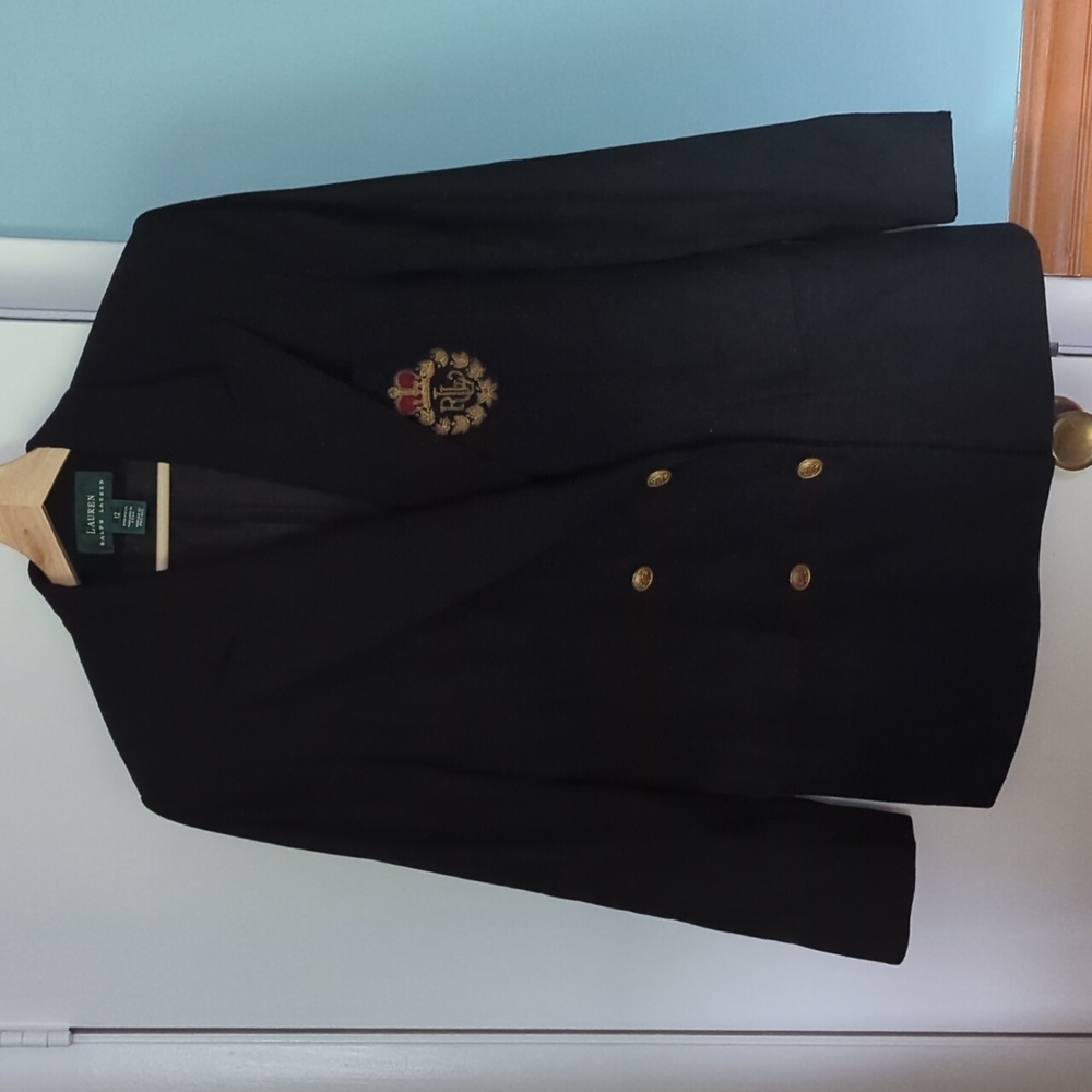 Ralph Lauren Black Double-Breasted Blazer with Crest Embroidery